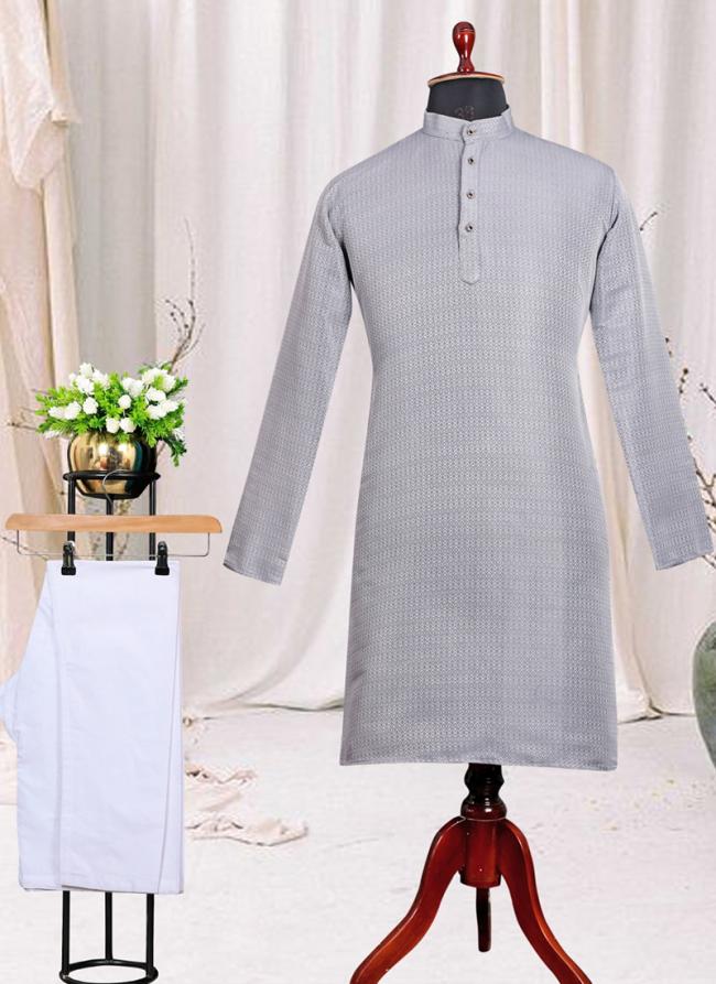 Jacquard Silk Grey Festival Wear Plain Kurta Pajama
